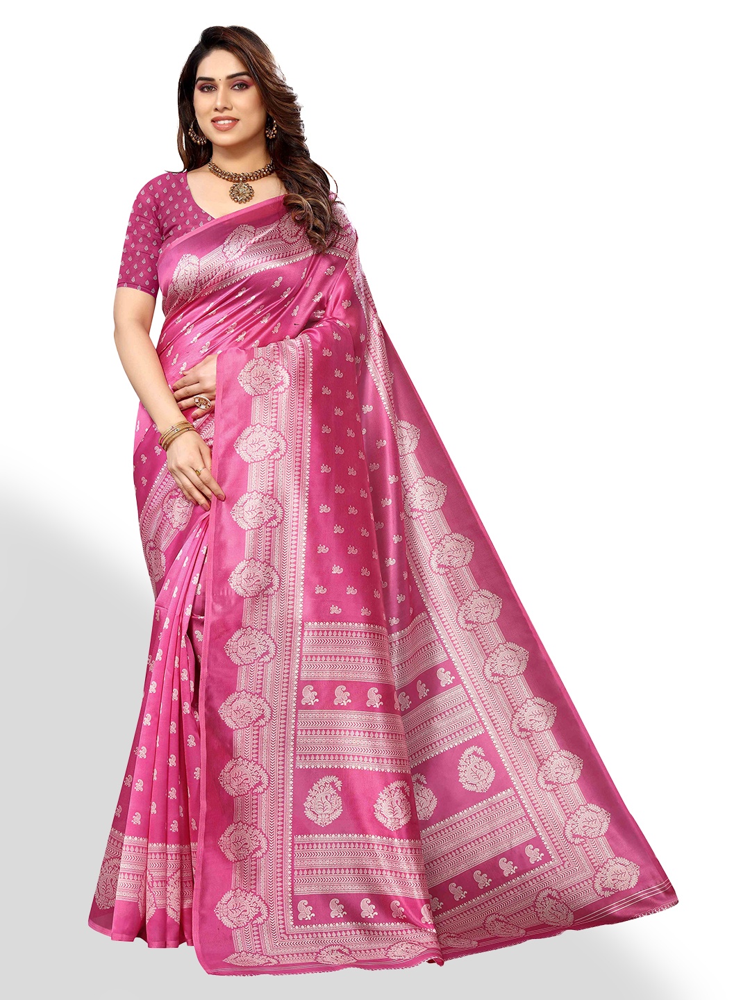 

AADVIKA Ethnic Motifs Woven Design Zari Silk Blend Kanjeevaram Saree, Pink