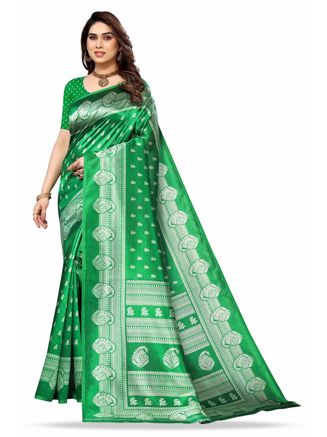 

AADVIKA Ethnic Motifs Woven Design Zari Silk Blend Kanjeevaram Saree, Green