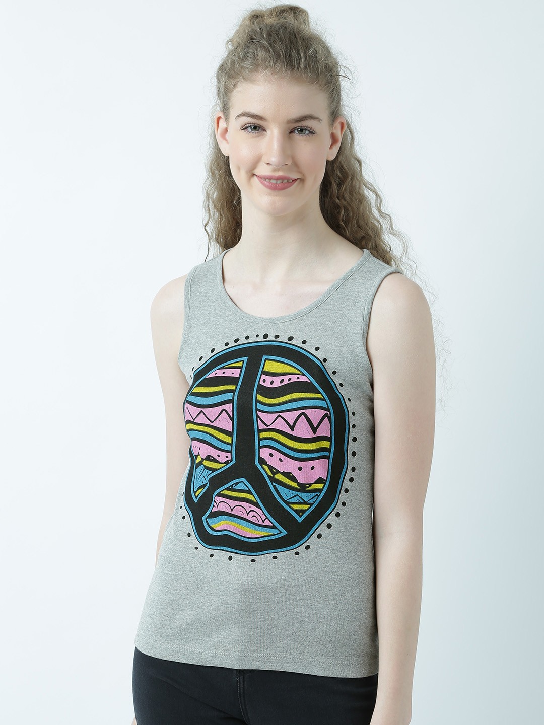 

Huetrap Women Grey Melange Printed Tank Top