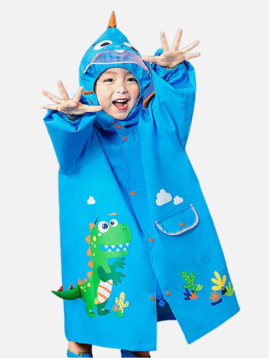 

Little Surprise Box LLP Kids Printed 3d Applique Dino Cactus Hooded Rain Coat, Blue