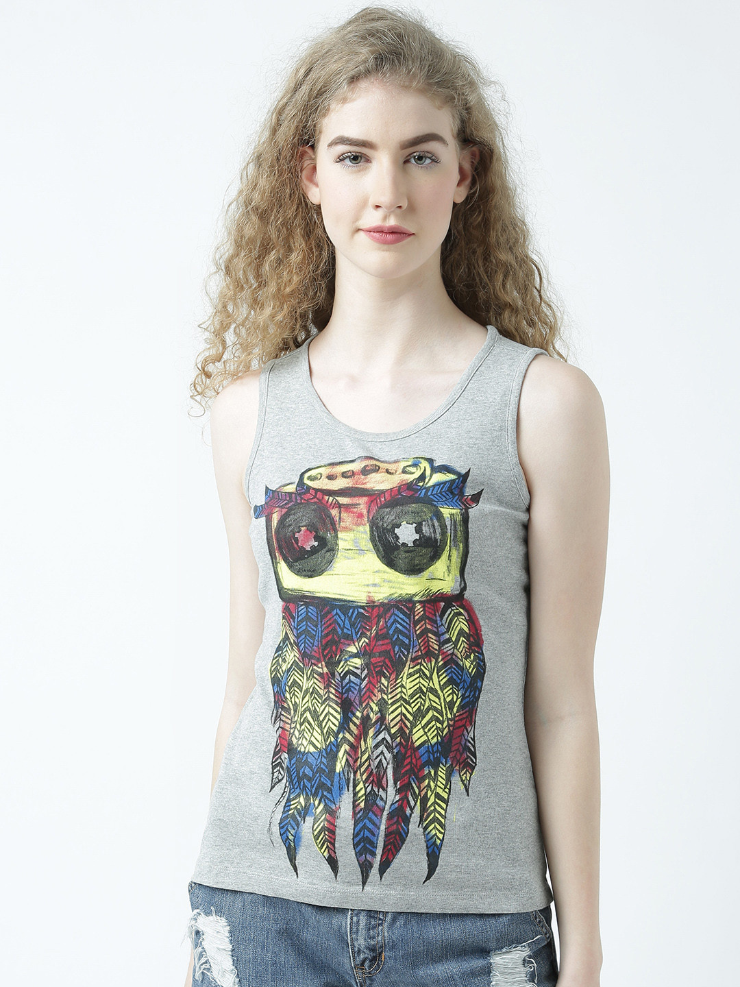 

Huetrap Women Grey Melange Printed Tank Top