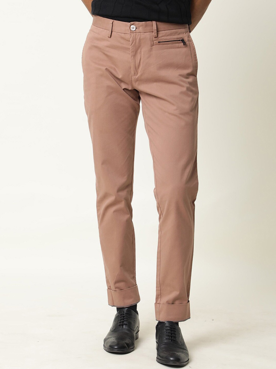 

RARE RABBIT Men Clovey Mid-Rise Slim Fit Cotton Trouser, Peach