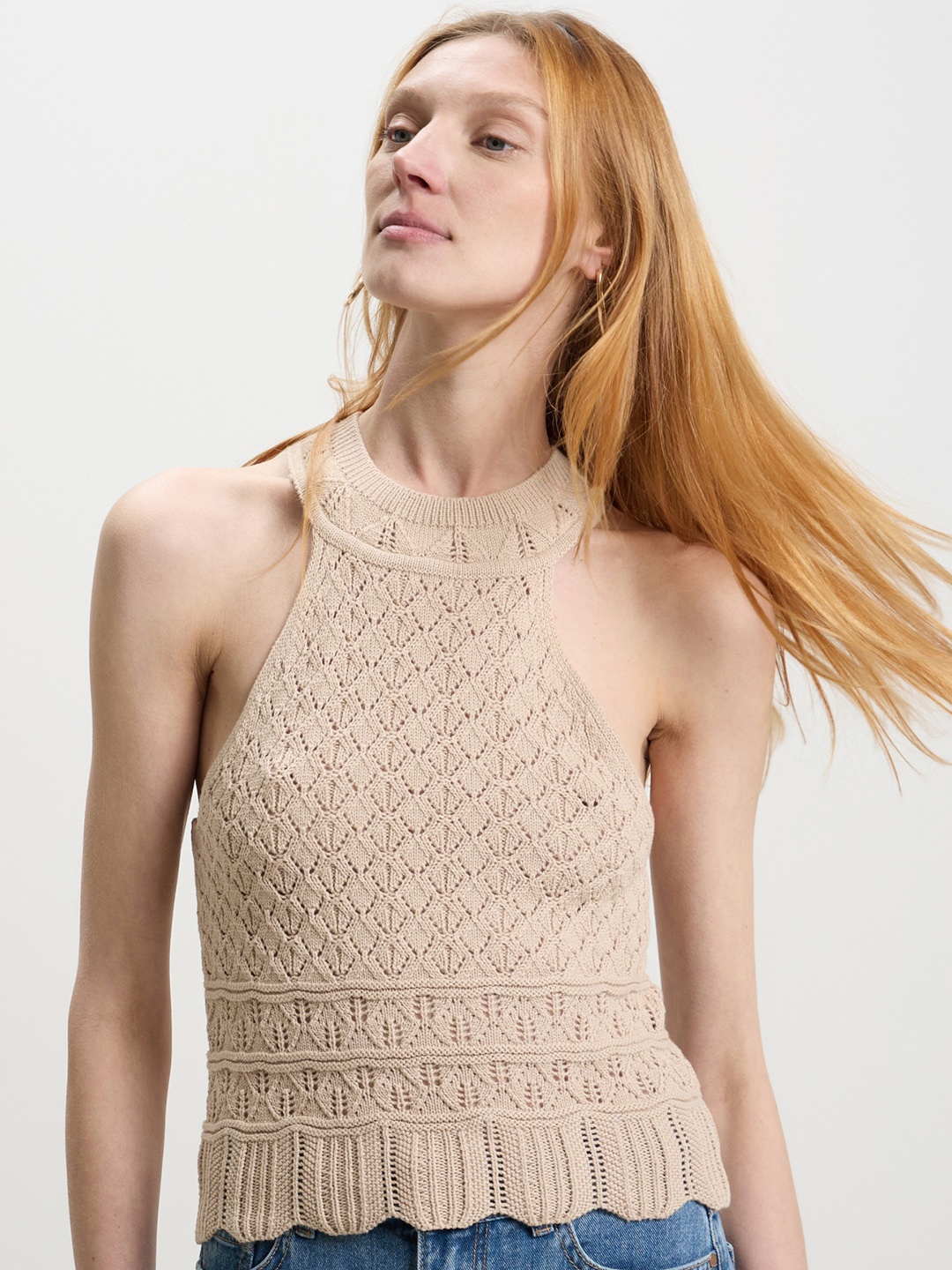 

CALLIOPE Crochet Cotton Top, Beige