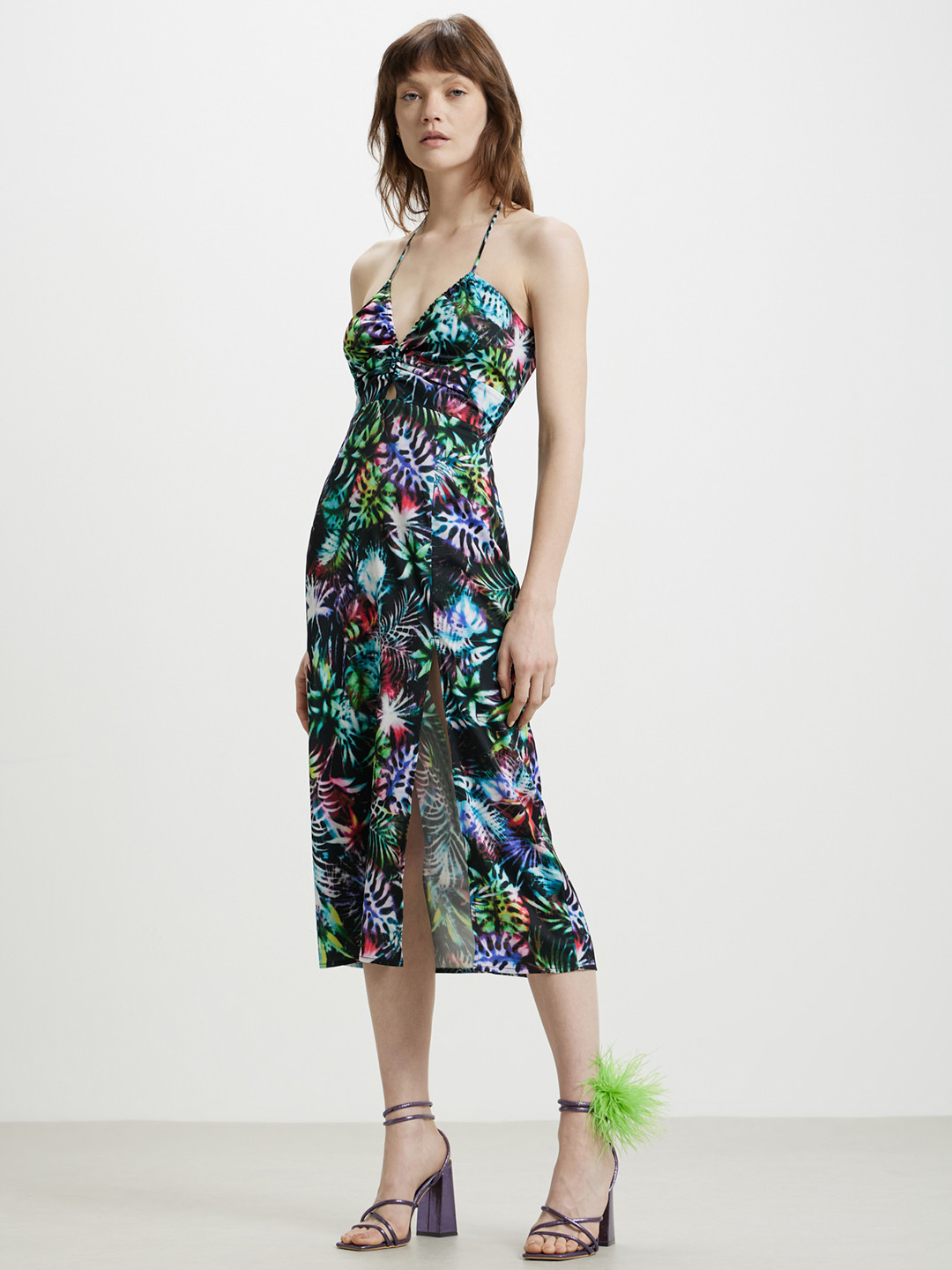 

CALLIOPE Tropical Print A-Line Midi Dress, Black