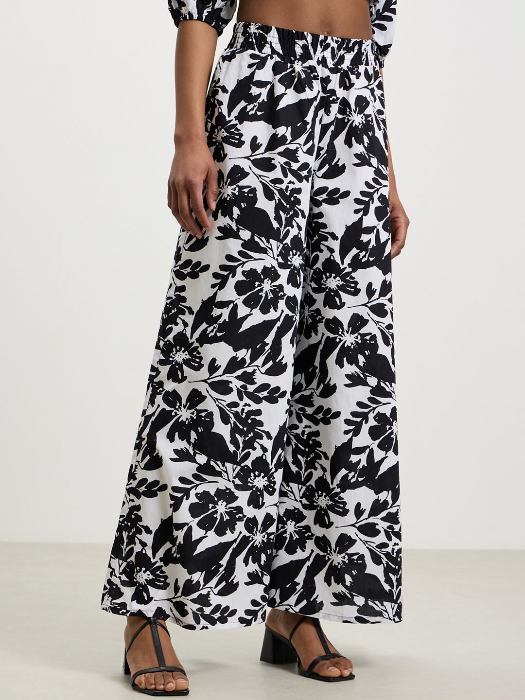 

CALLIOPE Women Cotton Floral Printed Flared High-Rise Parallel Trousers, White