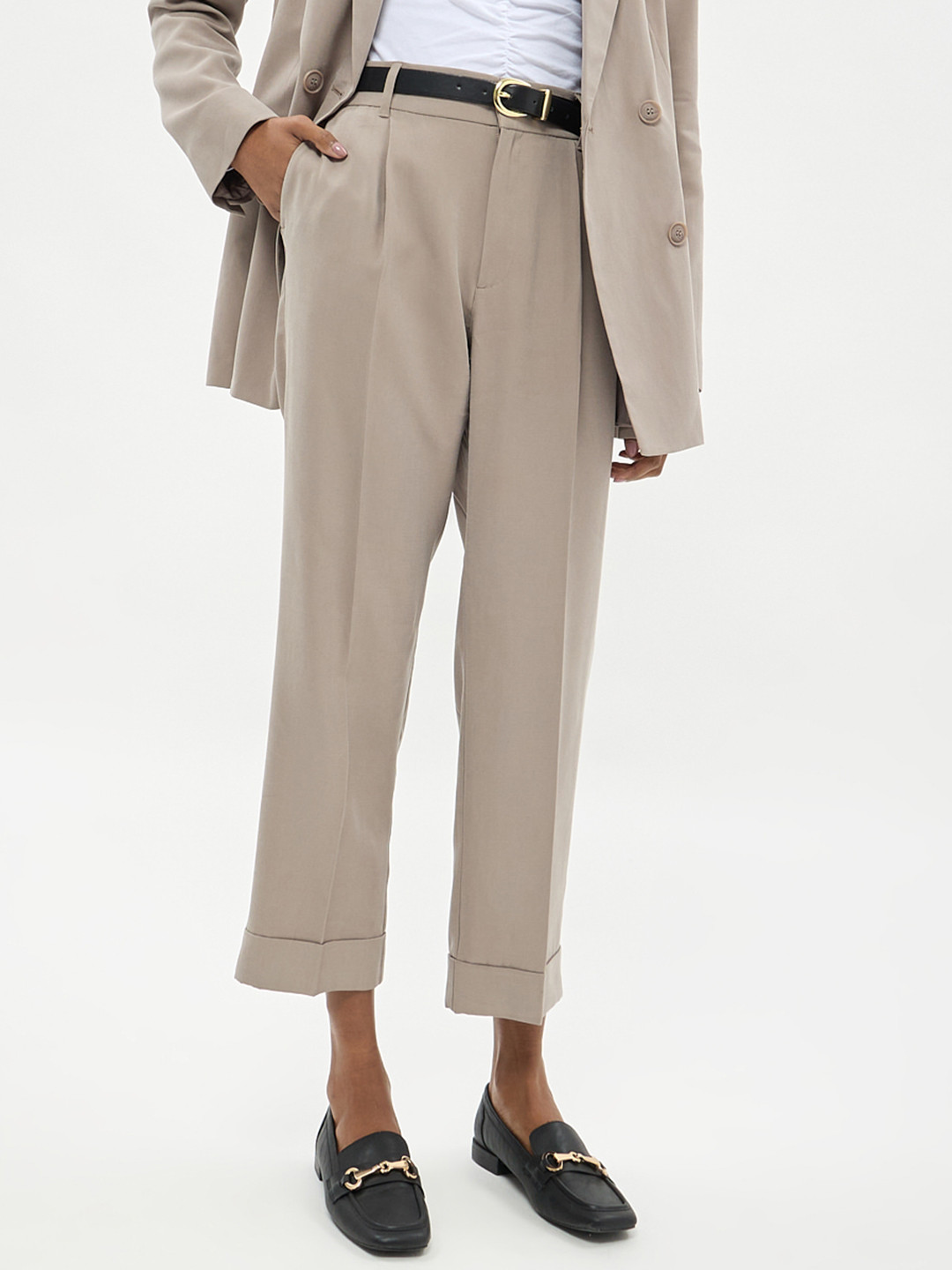 

CALLIOPE Women Straight Fit High-Rise Pleated Trousers, Beige