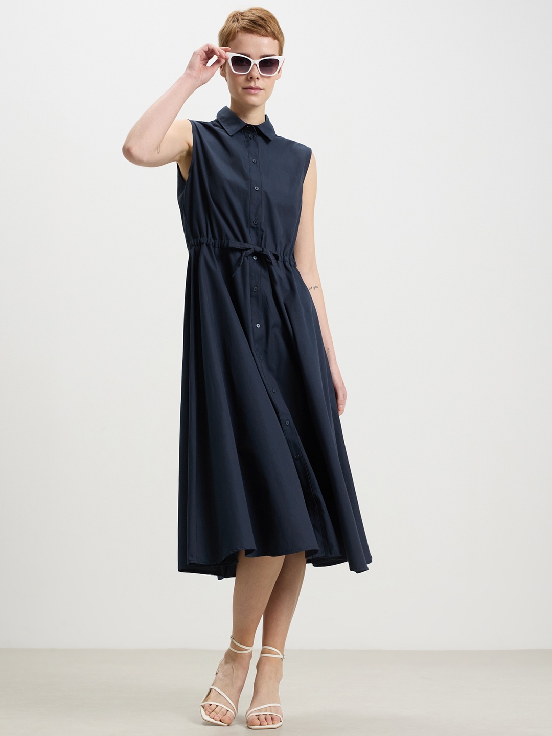 

CALLIOPE Sleeveless Shirt Midi Dress, Navy blue