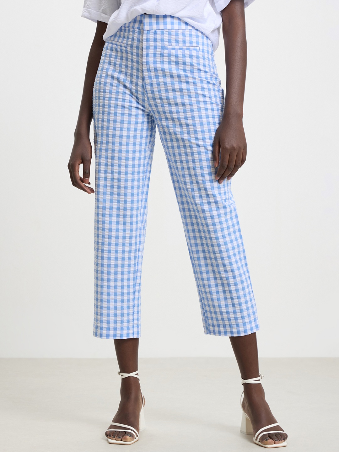 

CALLIOPE Women Cotton Checked Regular Fit High-Rise Trousers, Blue