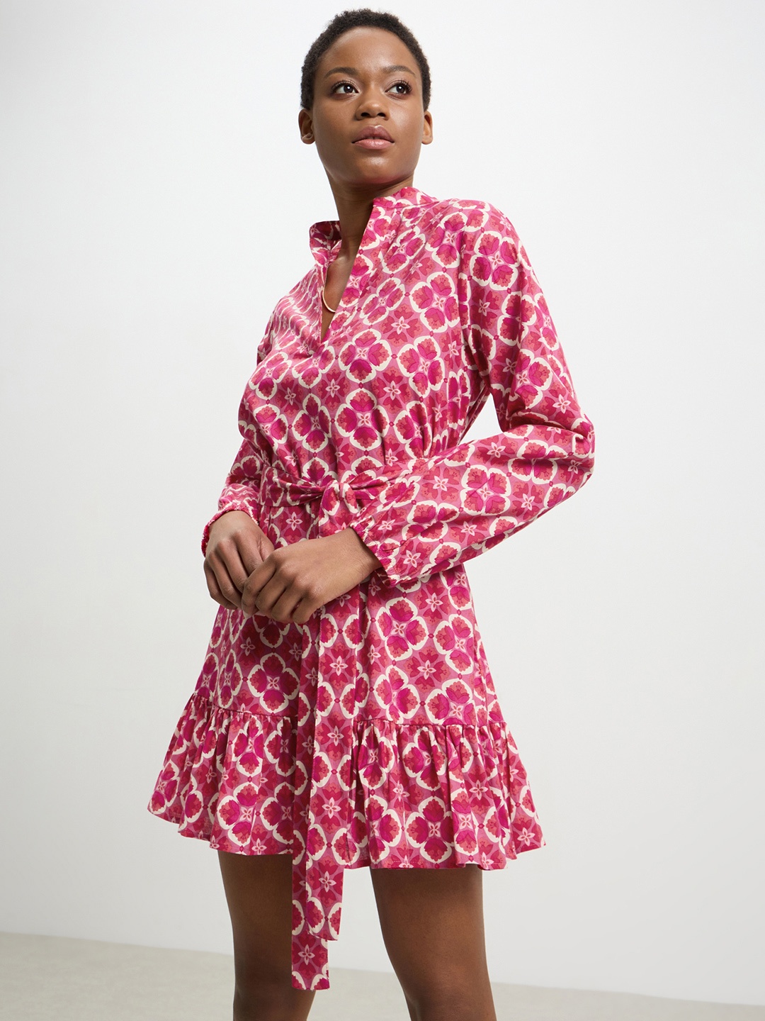 

CALLIOPE Pure Cotton Ethnic Motifs Print A-Line Mini Dress, Fuchsia