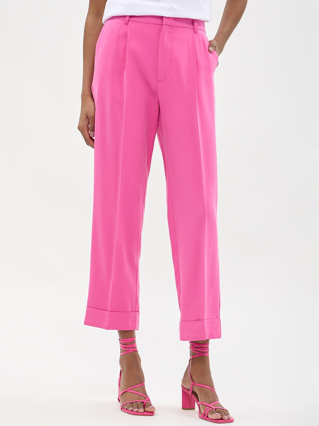 CALLIOPE Women Straight Fit High-Rise Pleated Cropped Trousers, Pink