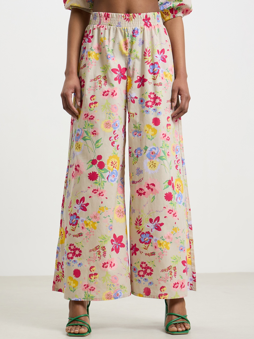

CALLIOPE Women Cotton Floral Print Flared High-Rise Pleated Trousers, Beige