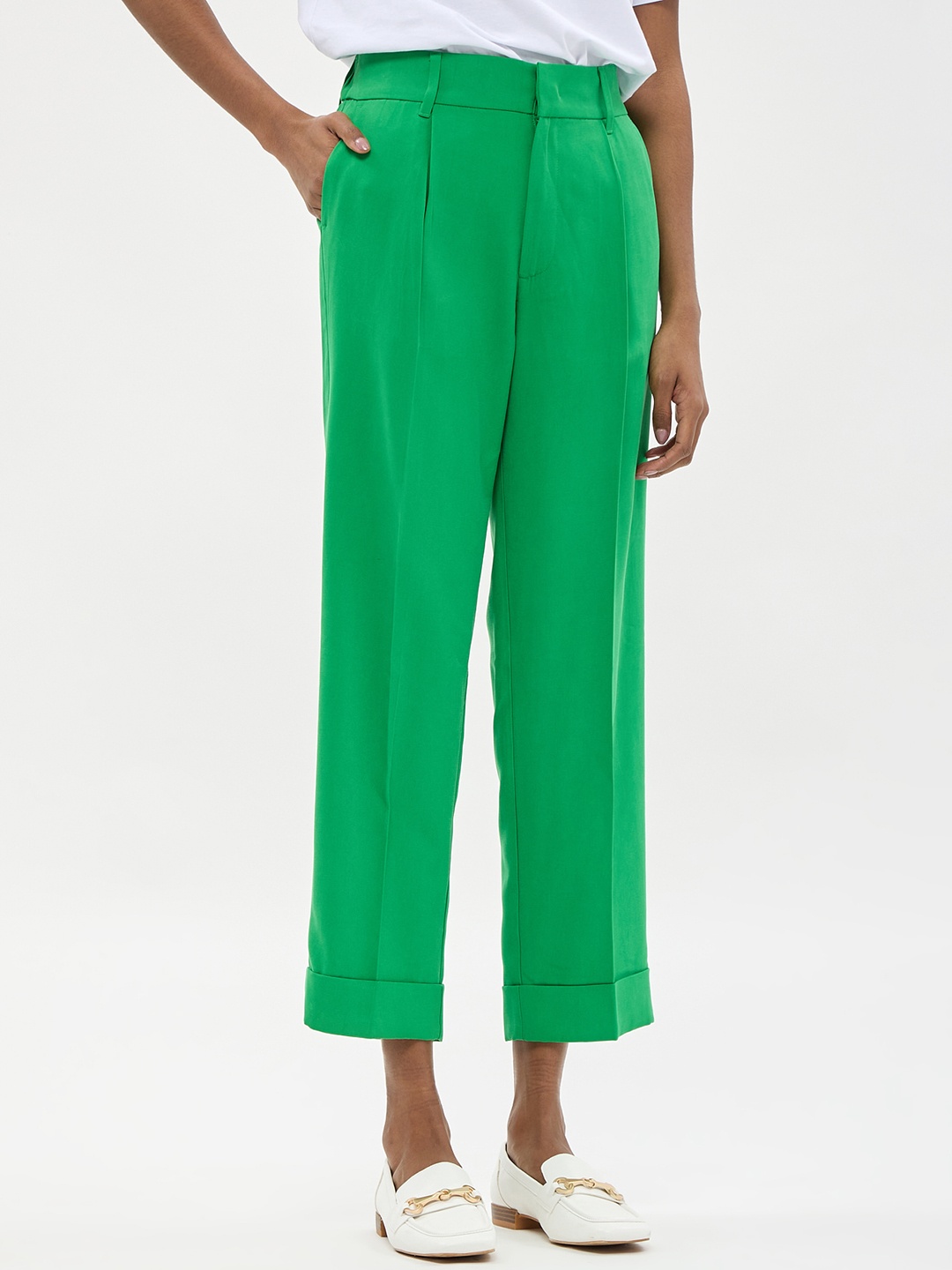 

CALLIOPE Women Straight Fit High-Rise Pleated Trousers, Green