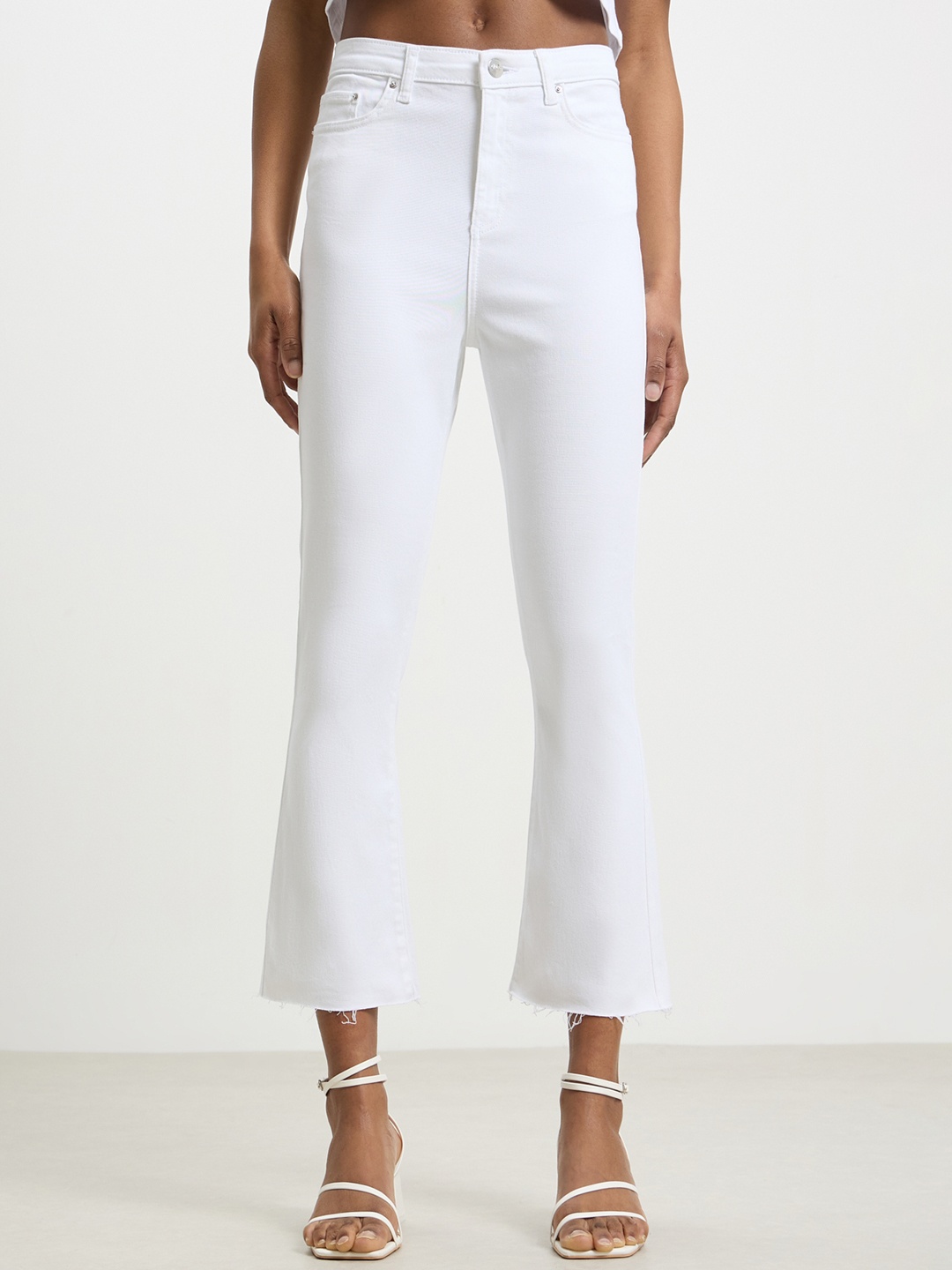 

CALLIOPE Women Frayed Hem Crop Flared High-Rise Stretchable Jeans, White