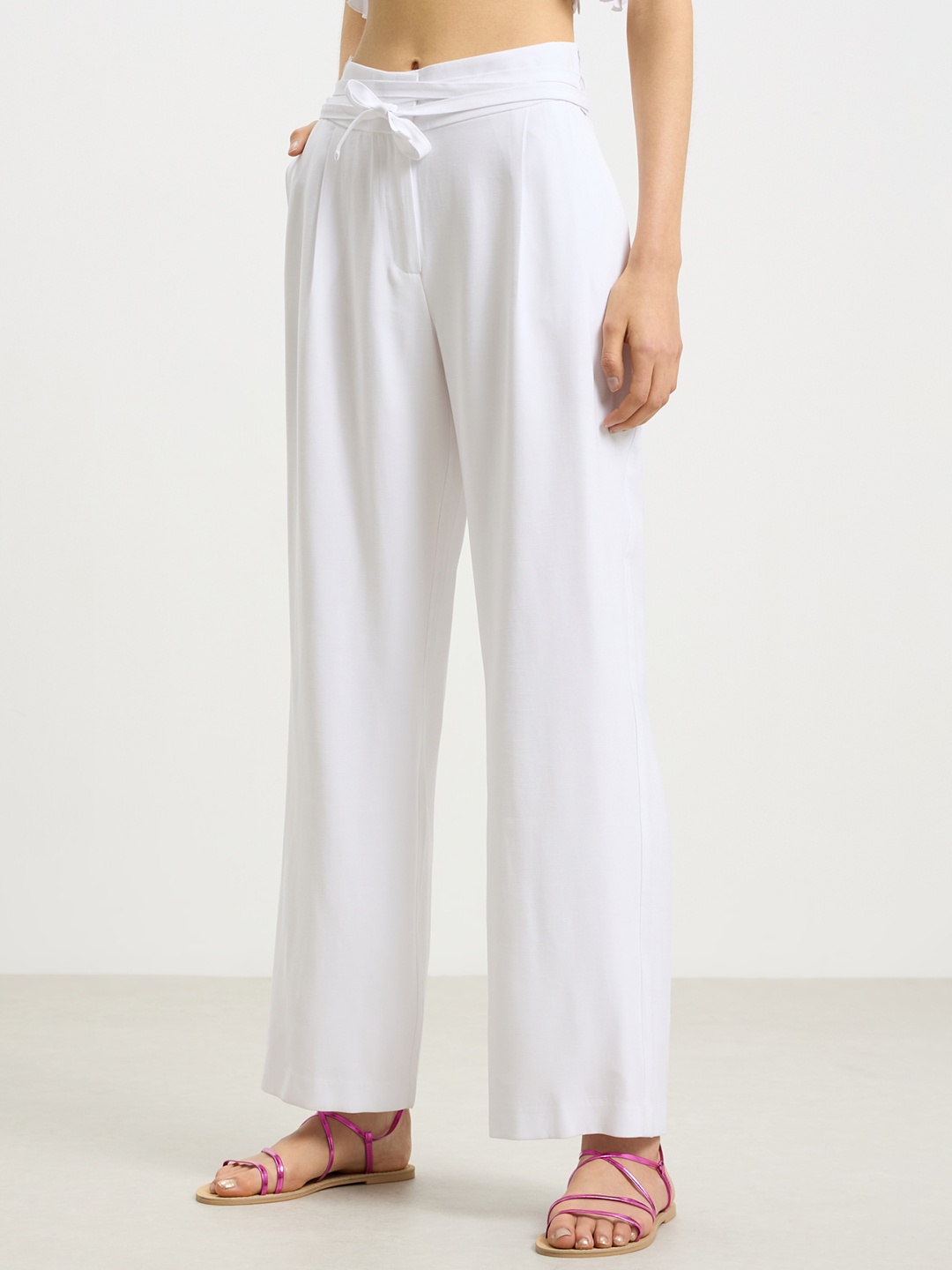 

CALLIOPE Women Wide Leg High-Rise Pleated Trousers with Belt, White