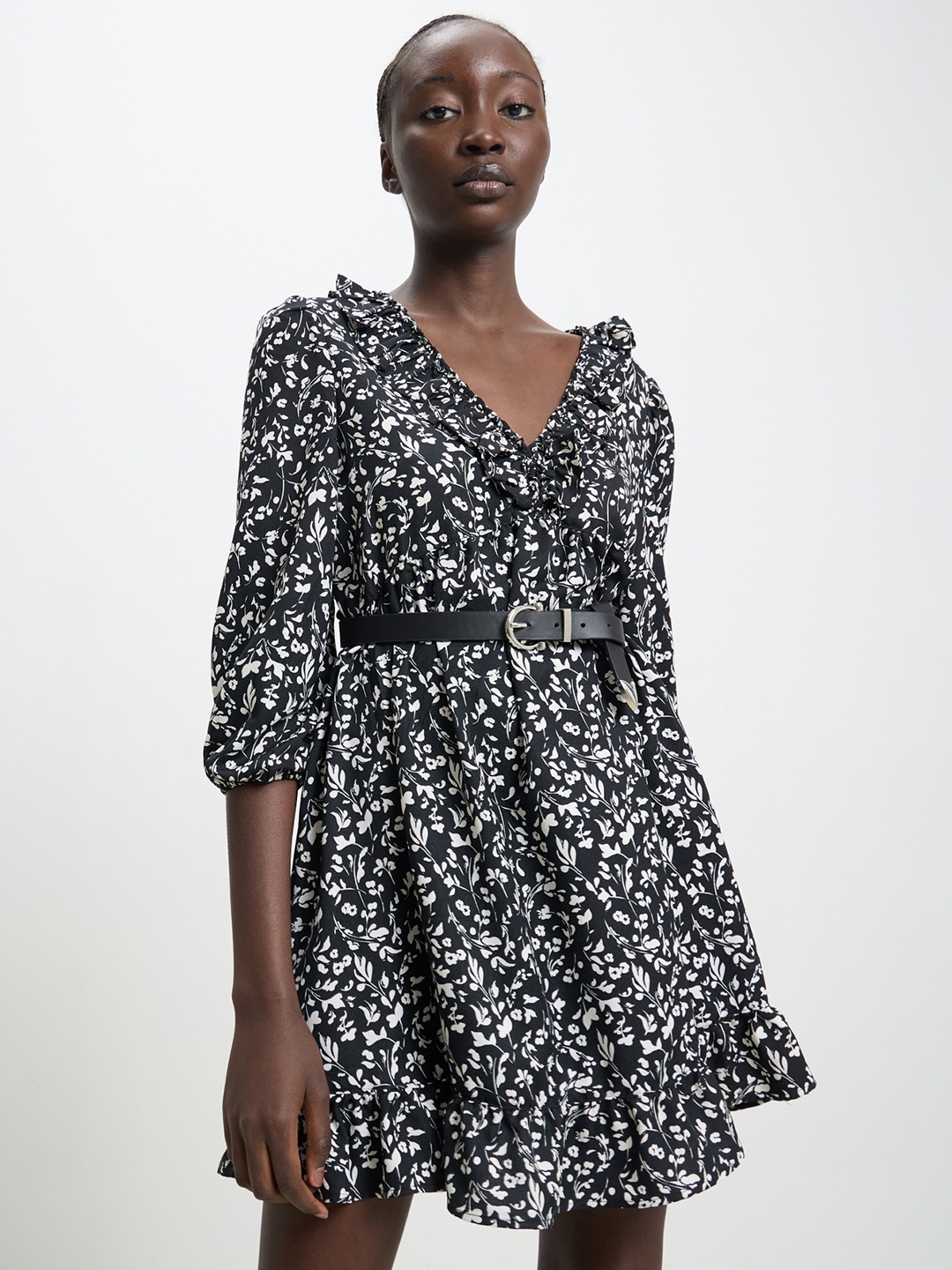 

CALLIOPE Floral Print Ruffled A-Line Dress, Black