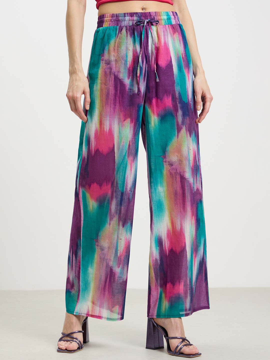 

CALLIOPE Women Cotton Dyed Flared High-Rise Trousers, Purple