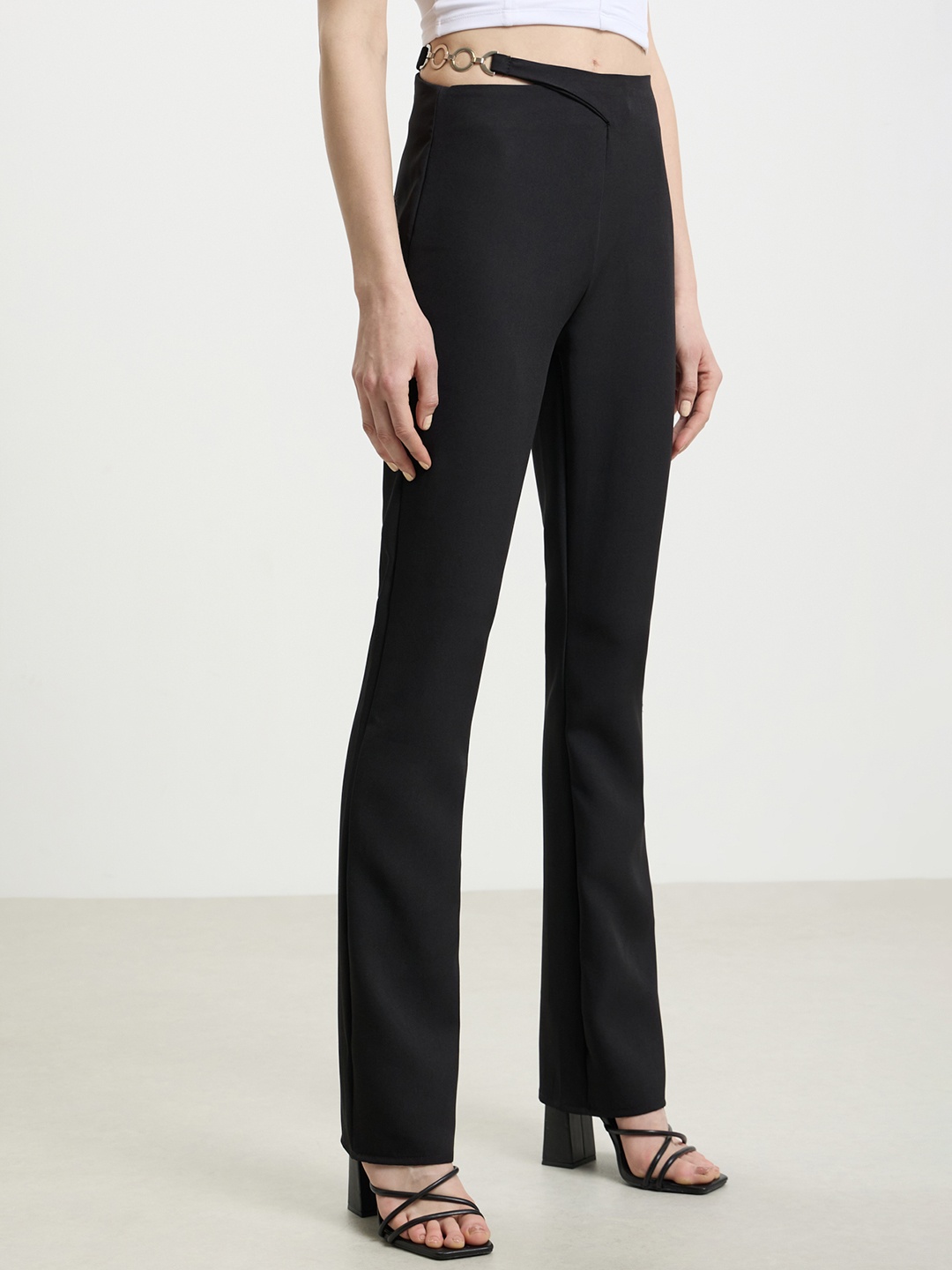 CALLIOPE Women Cut-Out Waist Flared High-Rise Trousers, Black