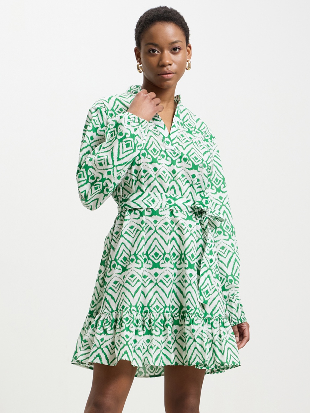 

CALLIOPE Pure Cotton Abstract Print A-Line Mini Dress, Green
