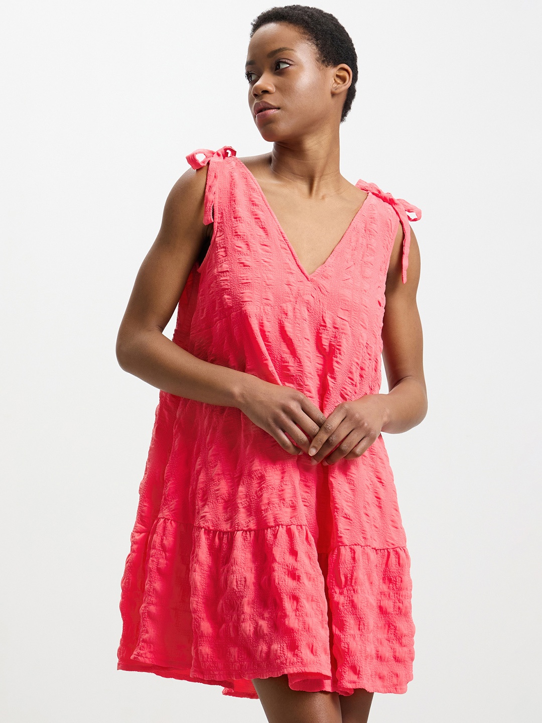 

CALLIOPE Textured Drop-Waist Mini Dress, Coral
