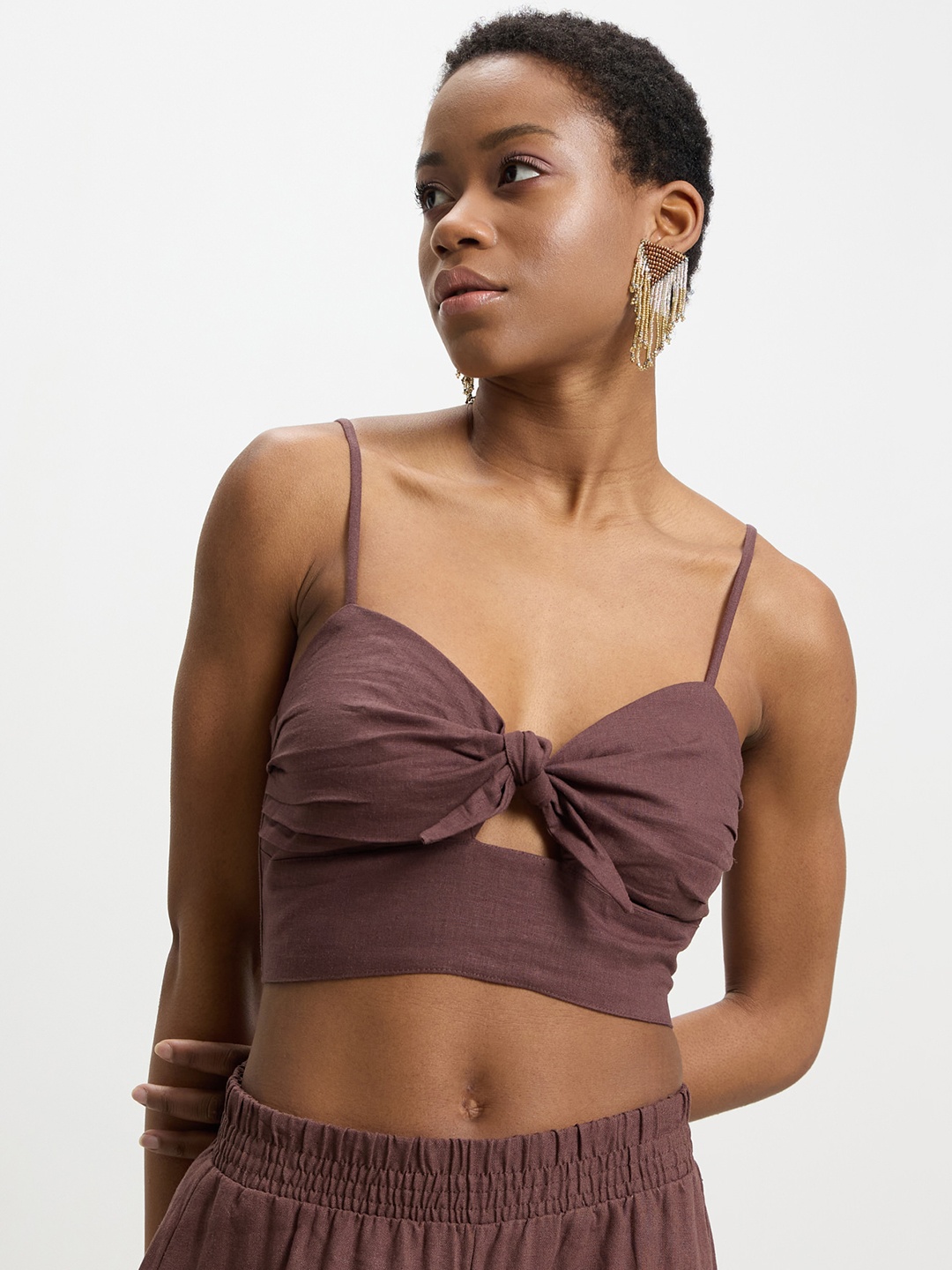 

CALLIOPE Smocked Knotted Crop Top, Brown