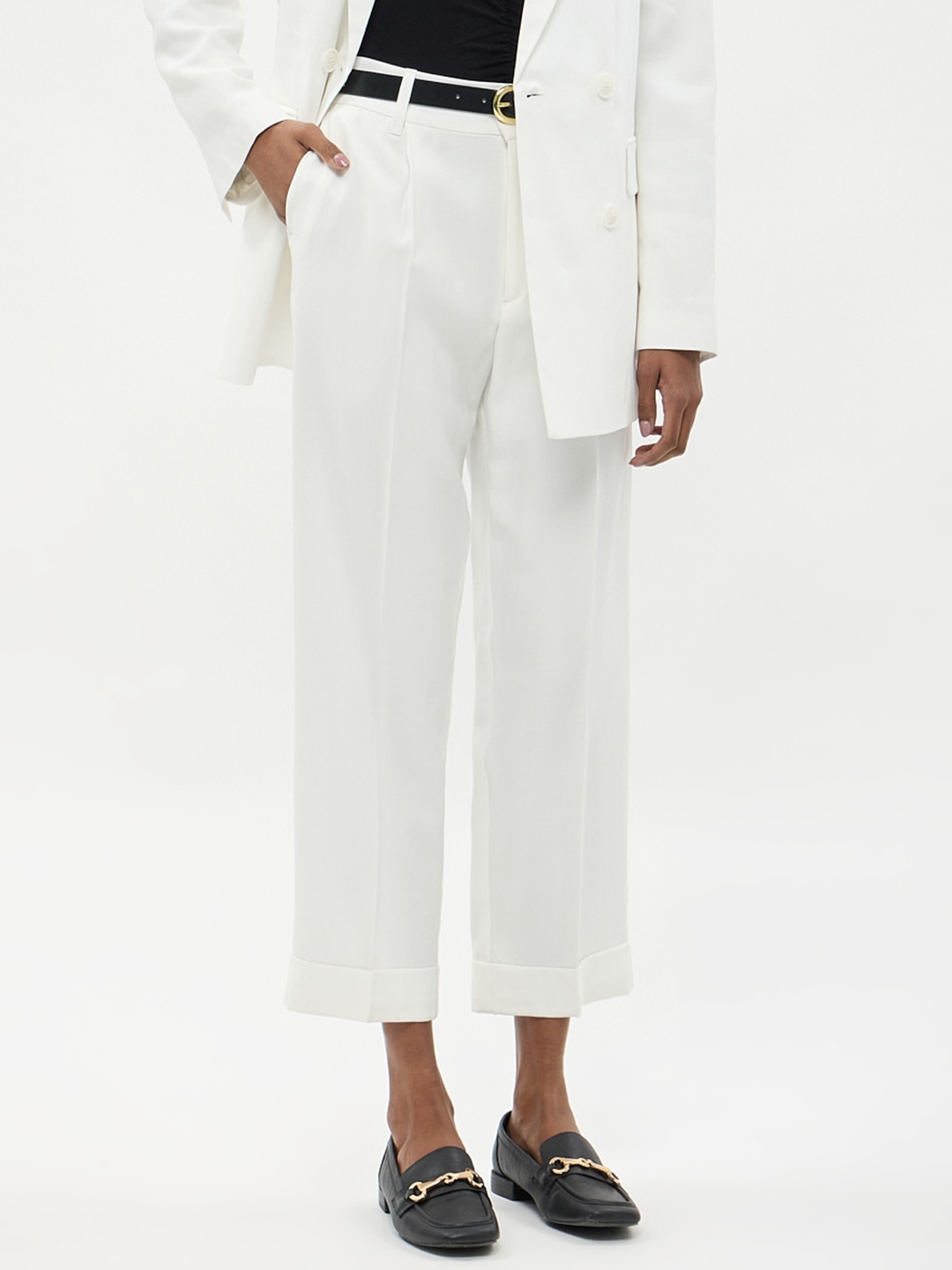 

CALLIOPE Women Straight Fit High-Rise Pleated Cropped Trousers, White