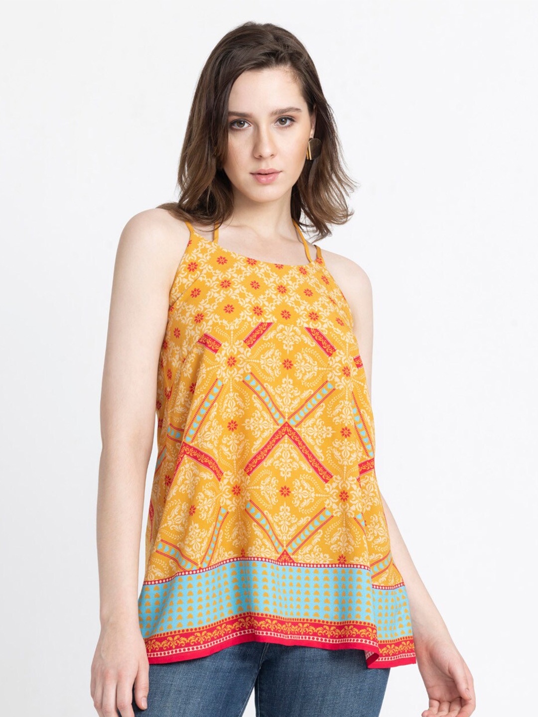 

SHAYE Ethnic Motifs Printed Shoulder Straps A Line Top, Yellow