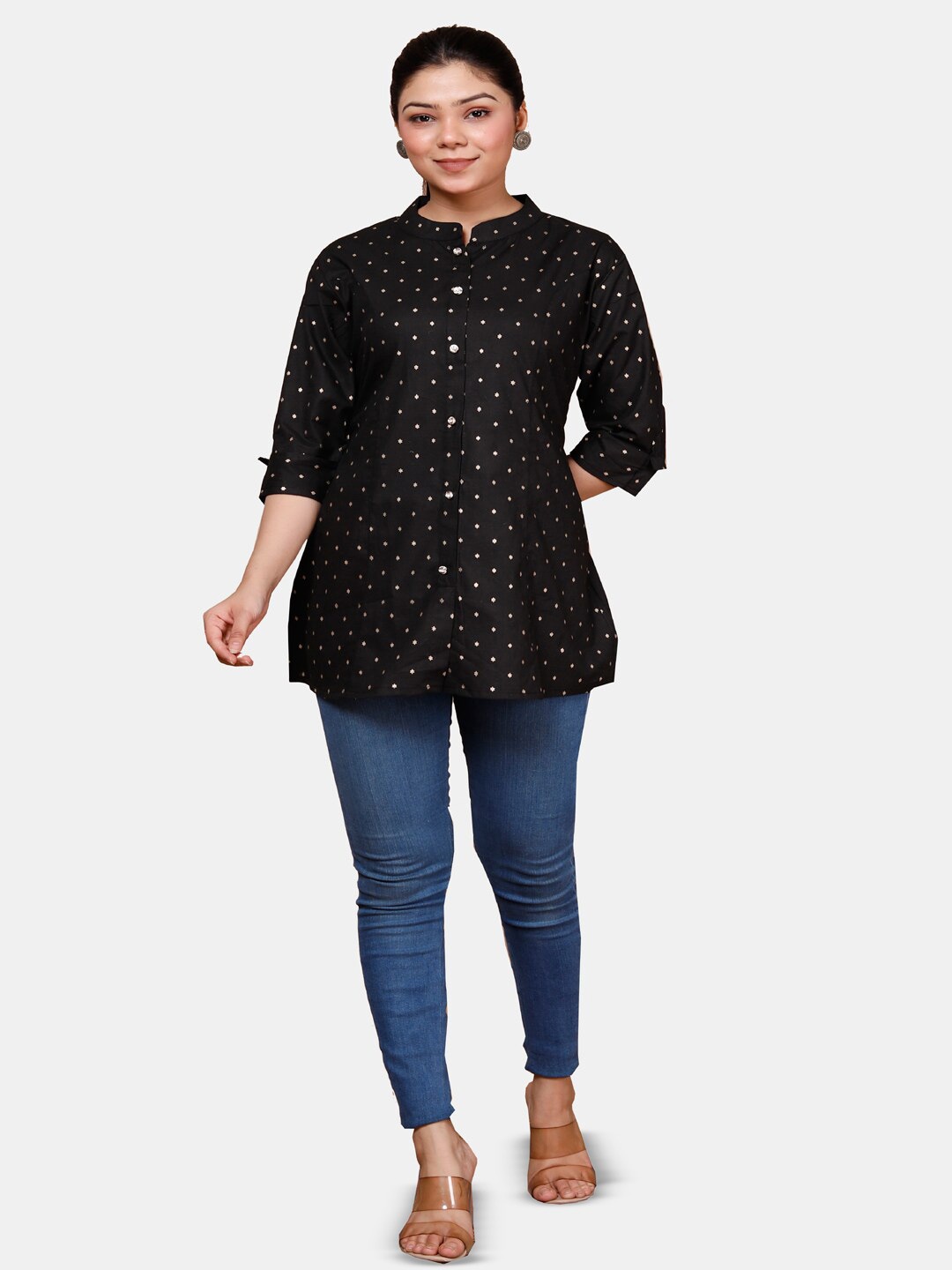 

HIGHLIGHT FASHION EXPORT Conversational Printed Mandarin Collar Cotton Shirt, Black