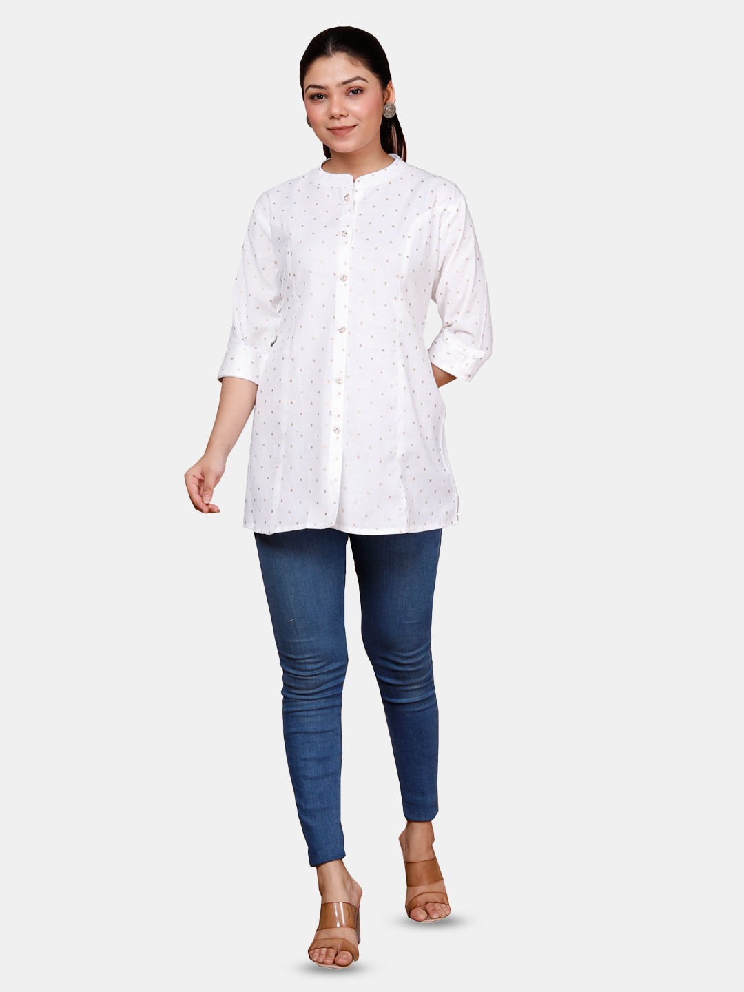 

HIGHLIGHT FASHION EXPORT Conversational Printed Mandarin Collar Cotton Shirt, White