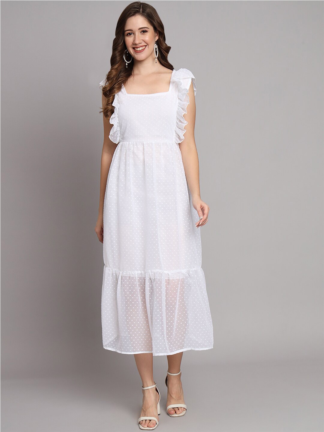 

Funday Fashion Self Design Georgette A-Line Midi Dress, White
