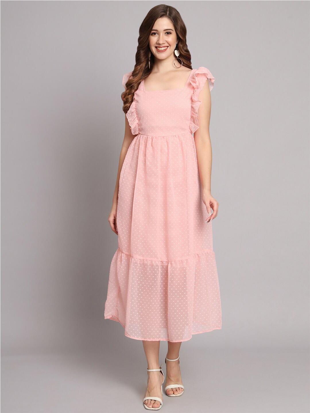

Funday Fashion Self Design Georgette A-Line Midi Dress, Peach