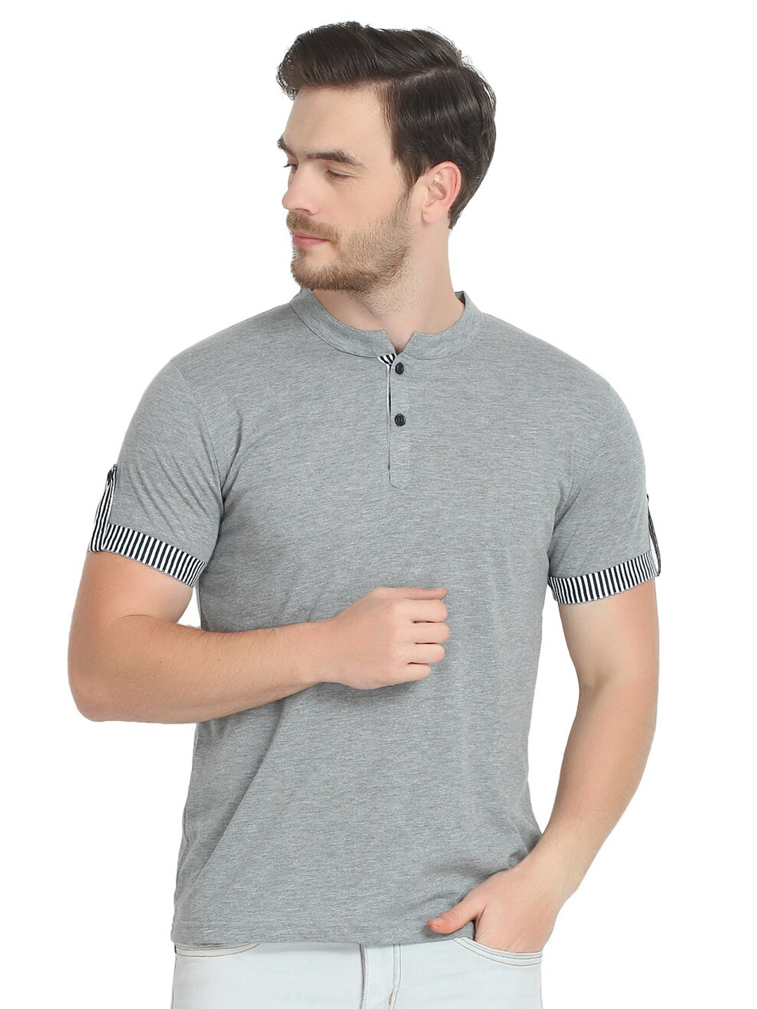 

GLITO Mandarin Collar Roll-Up Sleeves Cotton T-Shirt, Grey