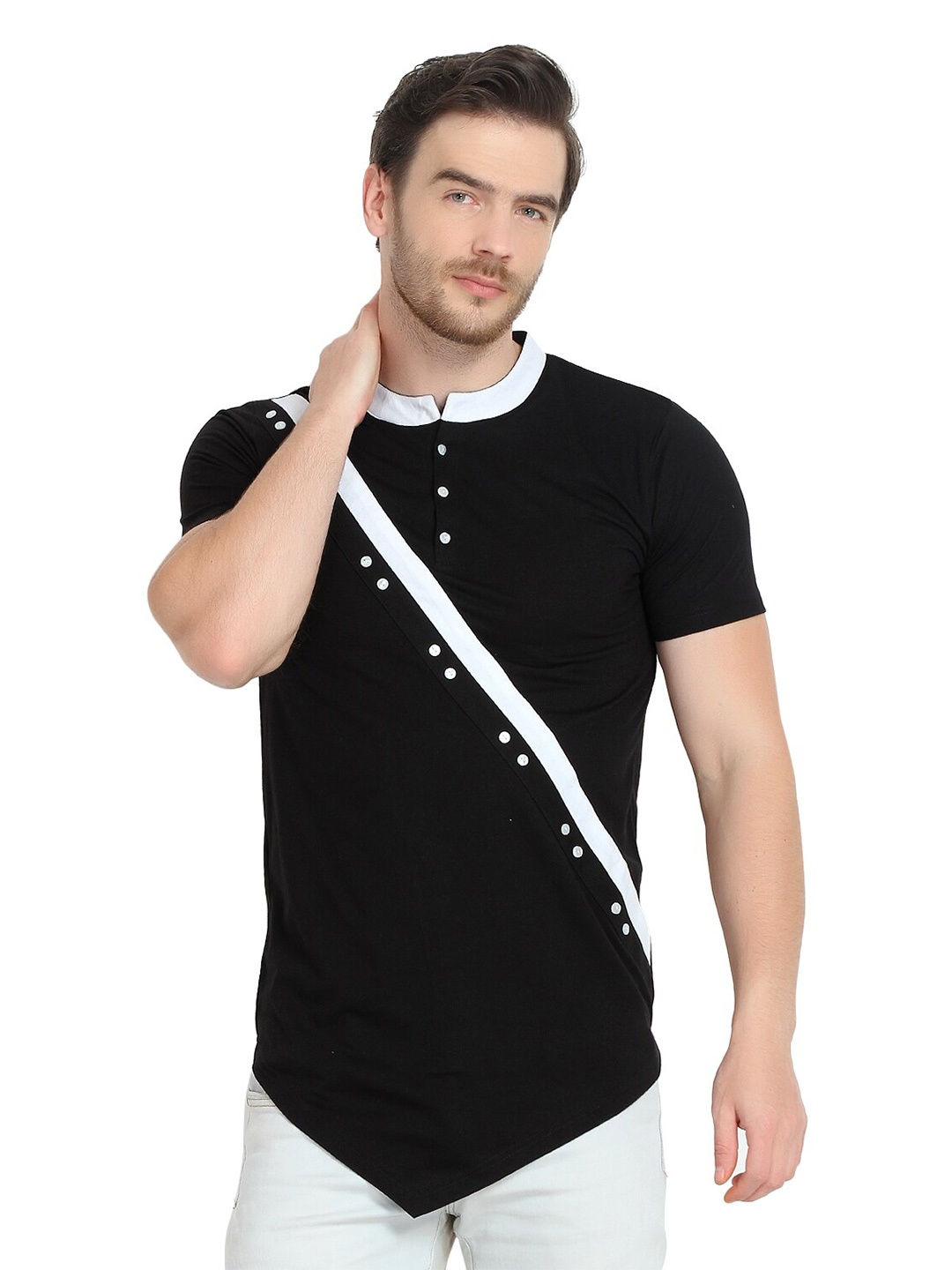

GLITO Striped Henley Neck Cotton T-Shirt, Black
