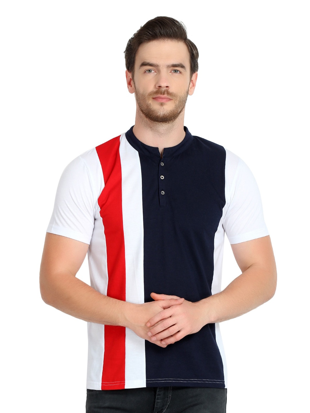 

GLITO Colourblocked Mandarin Collar Cotton T-Shirt, Blue