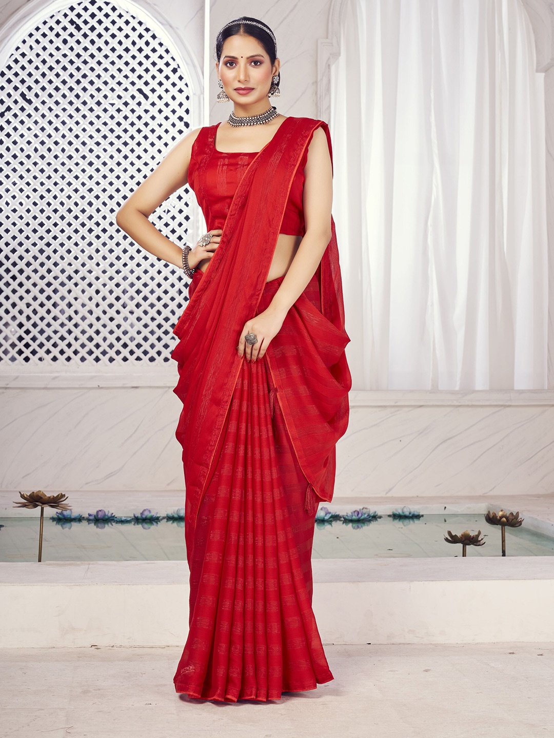 

elora Striped Poly Georgette Bhagalpuri Saree, Red