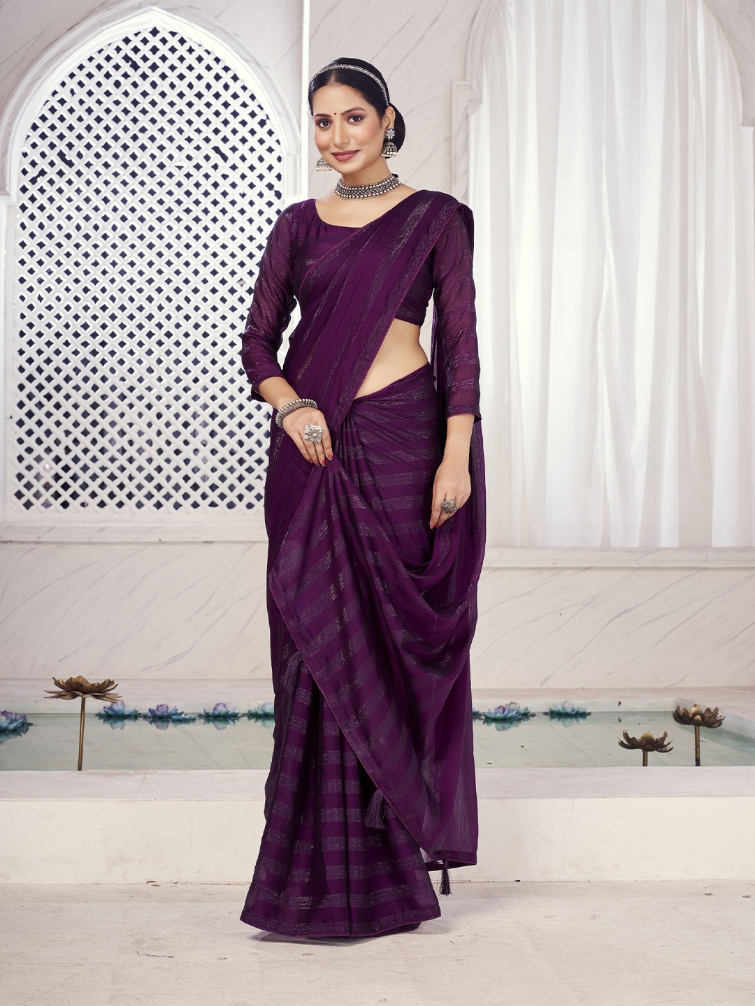 

elora Purple Striped Poly Georgette Bhagalpuri Saree