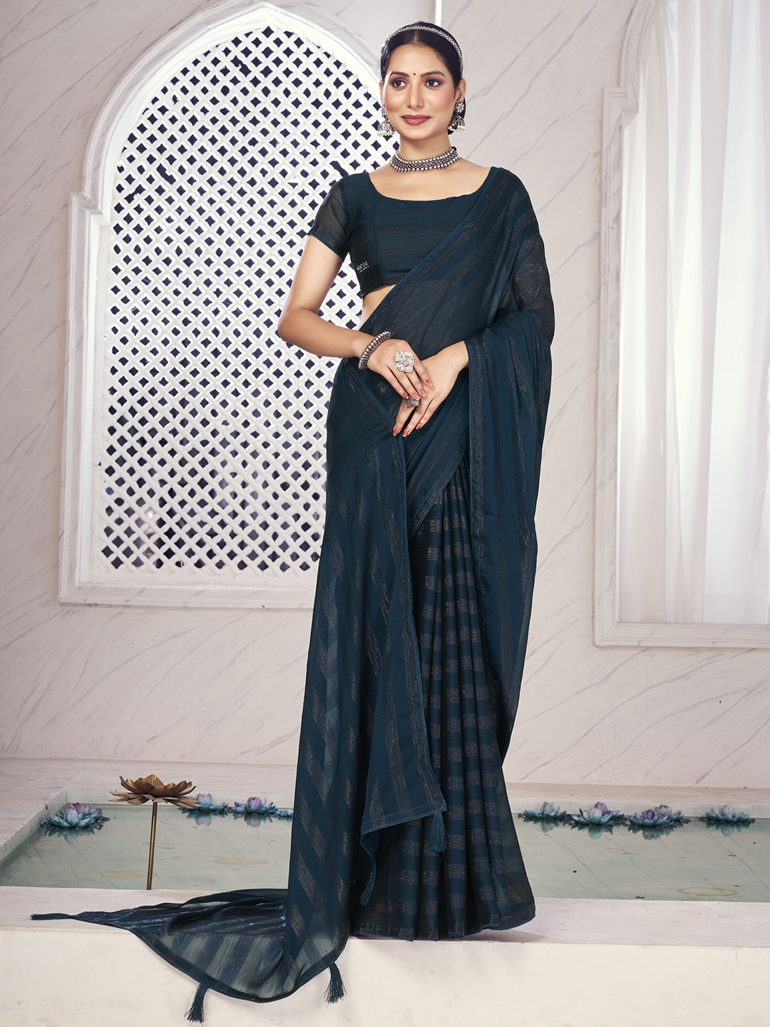 

elora Striped Woven Design Zari Bhagalpuri Saree, Teal