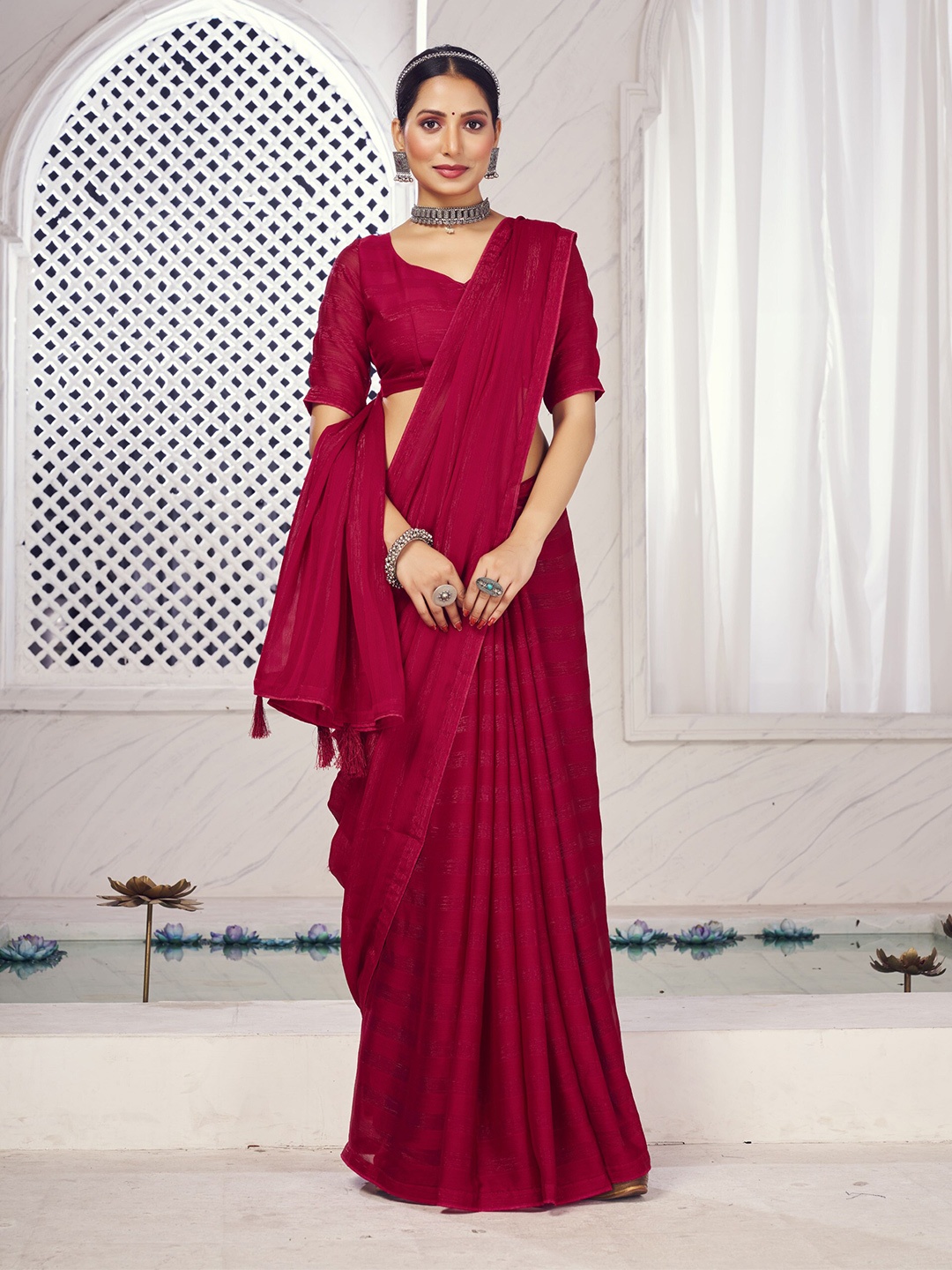 

elora Striped Poly Georgette Bhagalpuri Saree, Maroon