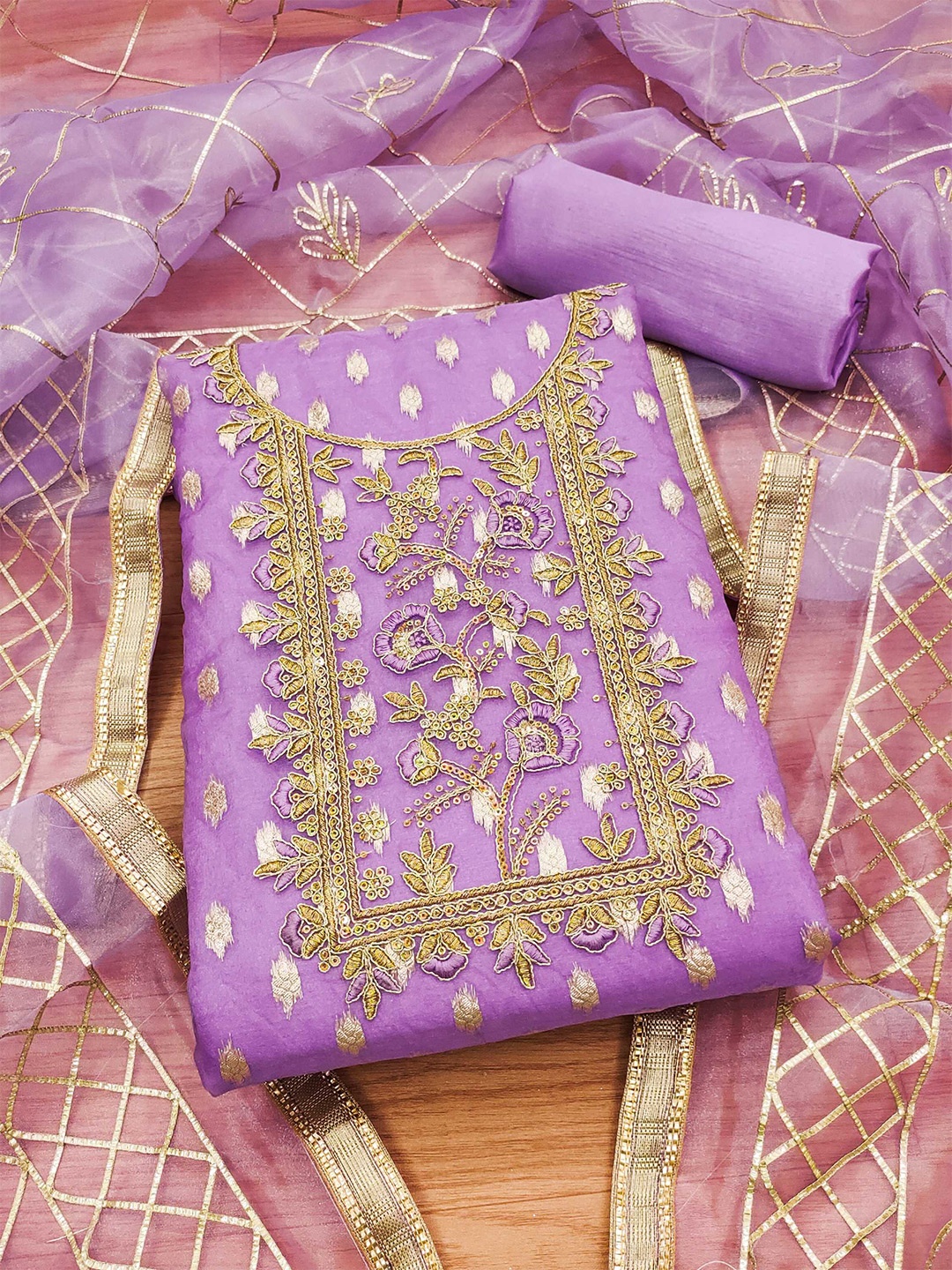 

KALINI Woven Design Organza Unstitched Dress Material, Purple