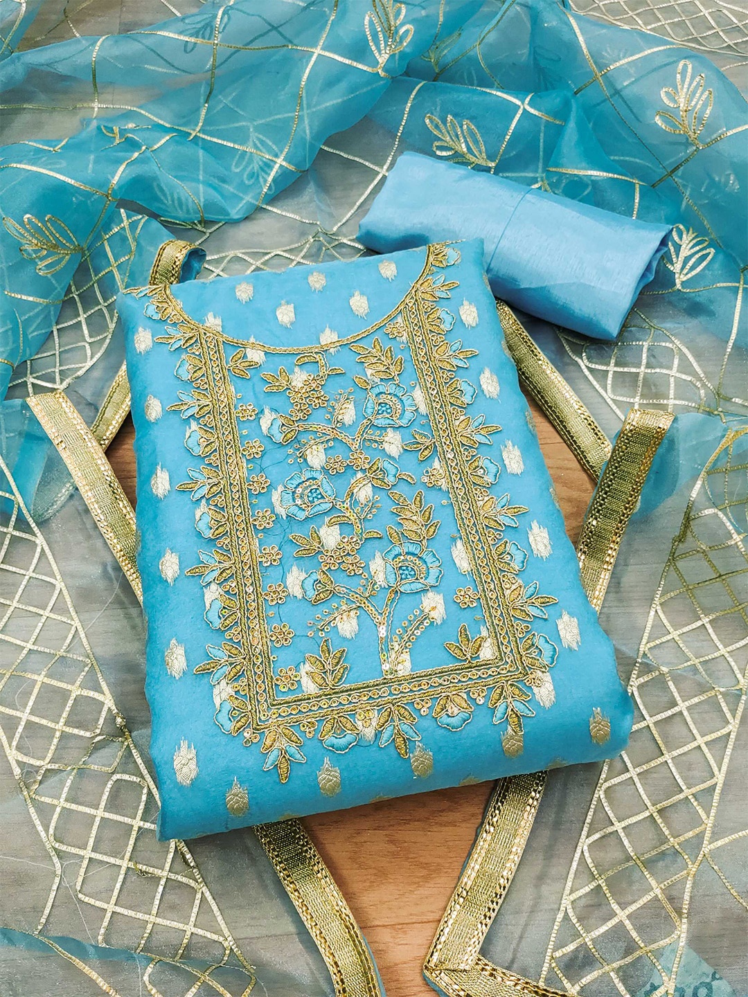 

KALINI Embroidered Organza Unstitched Dress Material, Blue