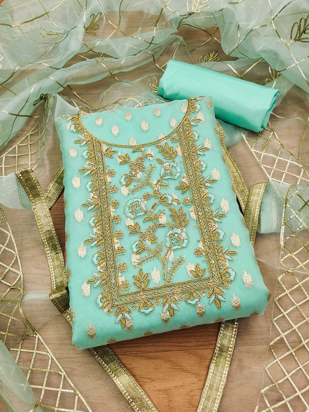 

KALINI Embroidered Organza Unstitched Dress Material, Blue