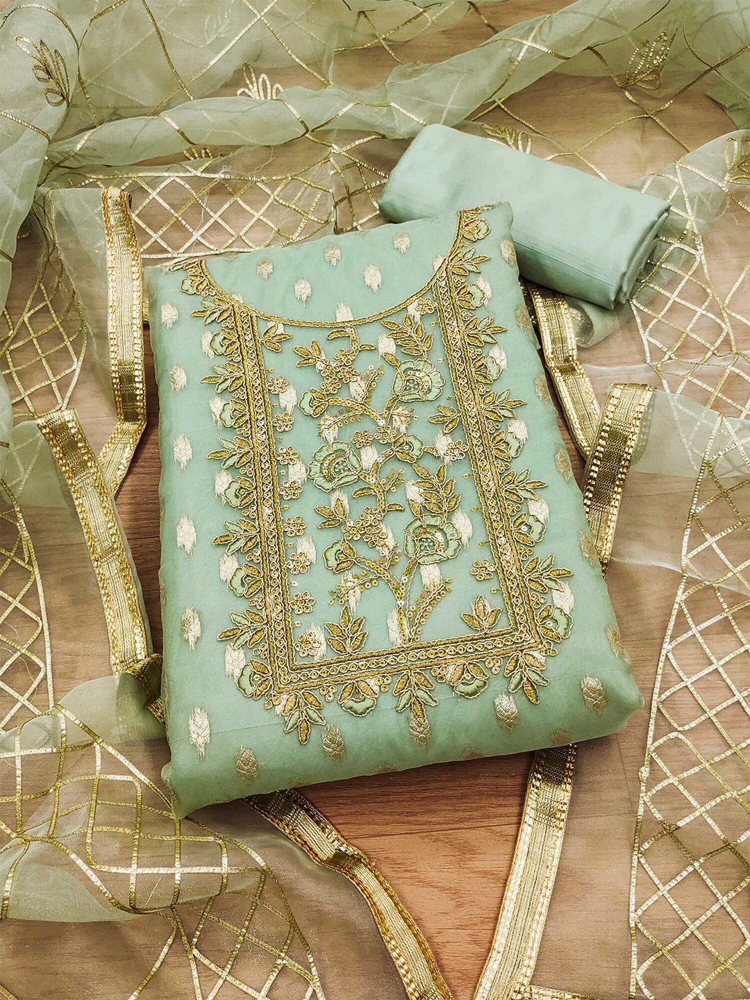 

KALINI Embroidered Organza Unstitched Dress Material, Green