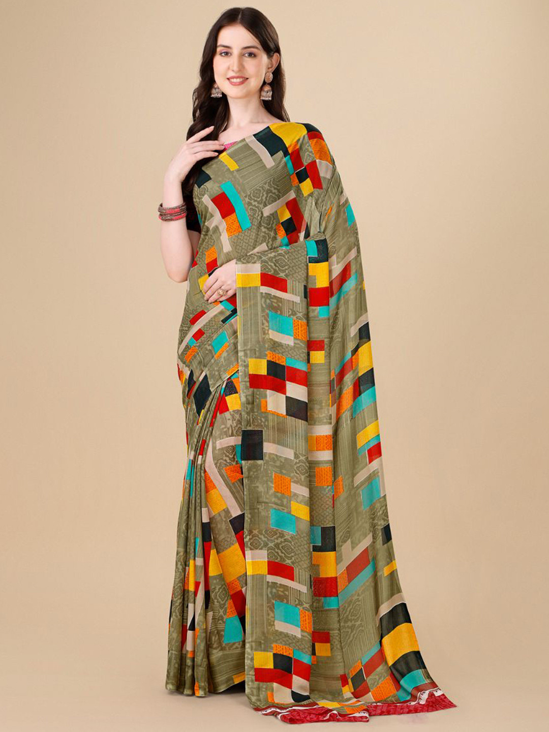 

Dori Georgette Printed Saree, Olive