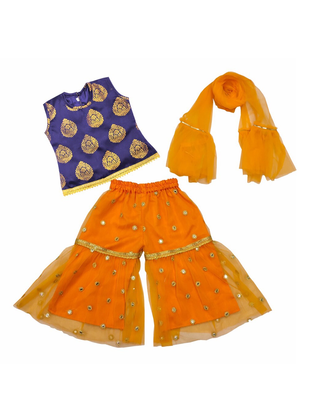 

BAESD Girls Ethnic Woven Design Straight Top & Sharara With Dupatta, Orange