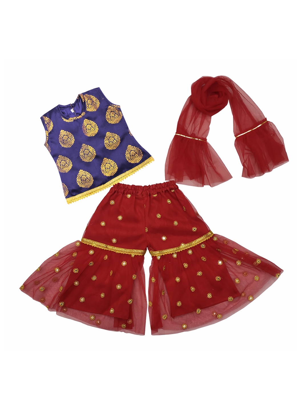 

BAESD Girls Ethnic Motifs Woven Design Sleeveless Top With Mirror Work Sharara & Dupatta, Red