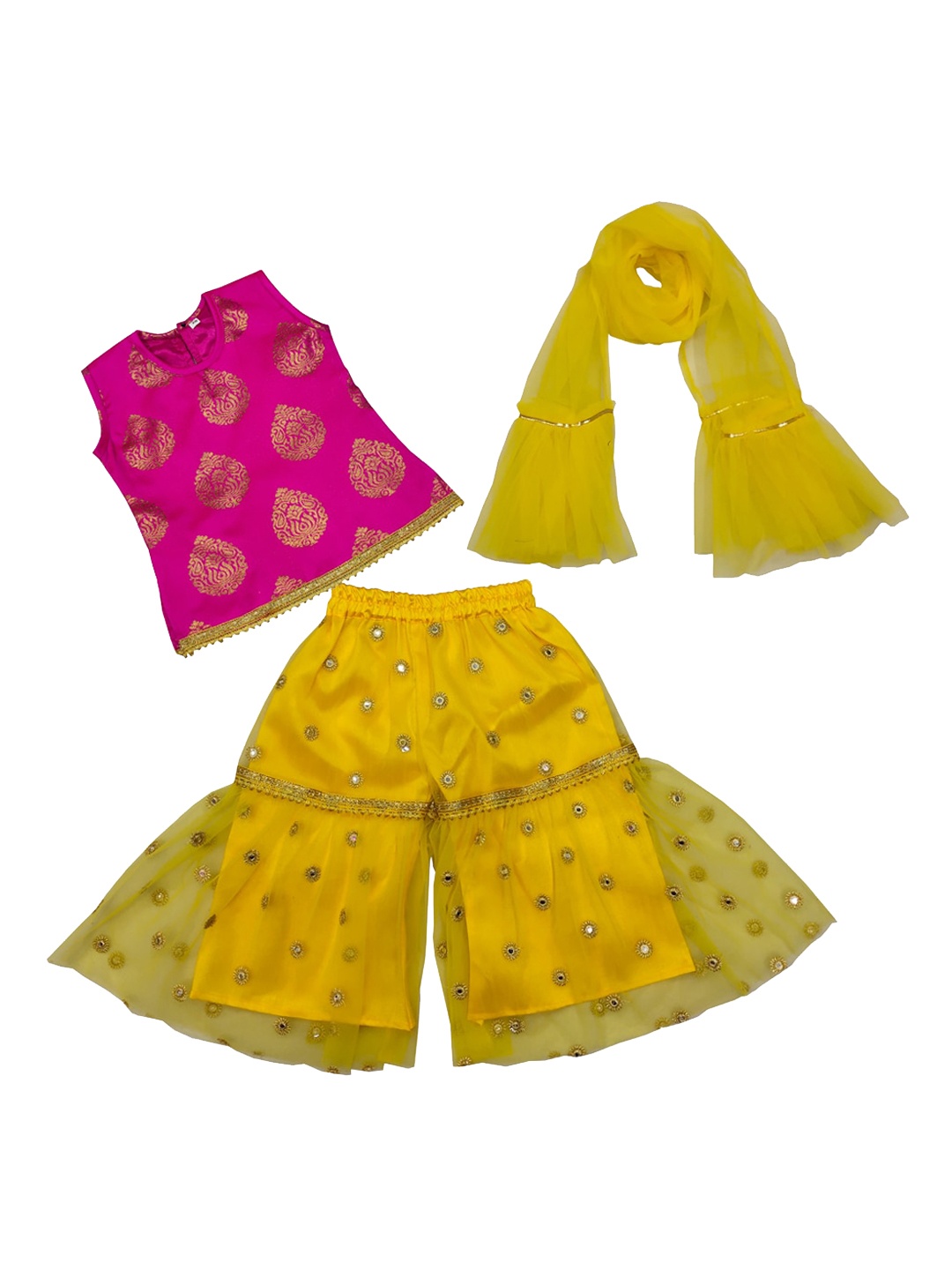 

BAESD Girls Ethnic Woven Design Straight Top & Sharara With Dupatta, Yellow