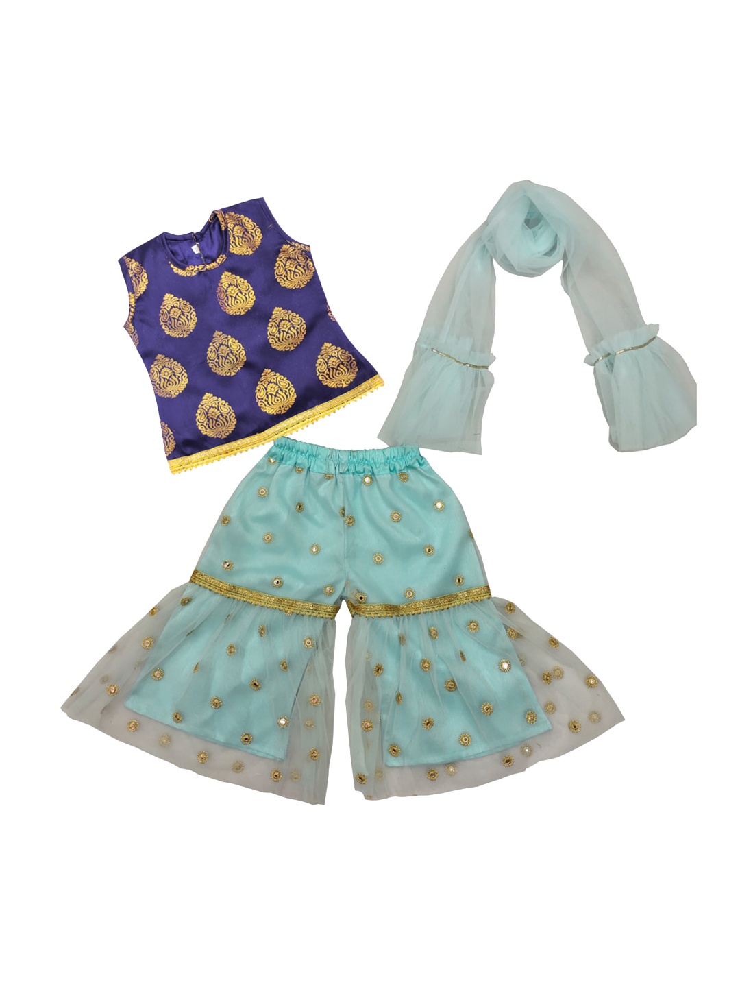 

BAESD Girls Ethnic Motifs Printed Top With Sharara & Dupatta, Sea green