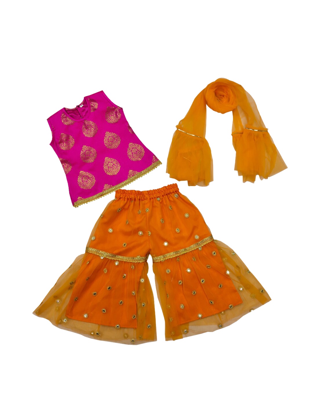

BAESD Girls Ethnic Motifs Printed Top With Sharara & Dupatta, Orange