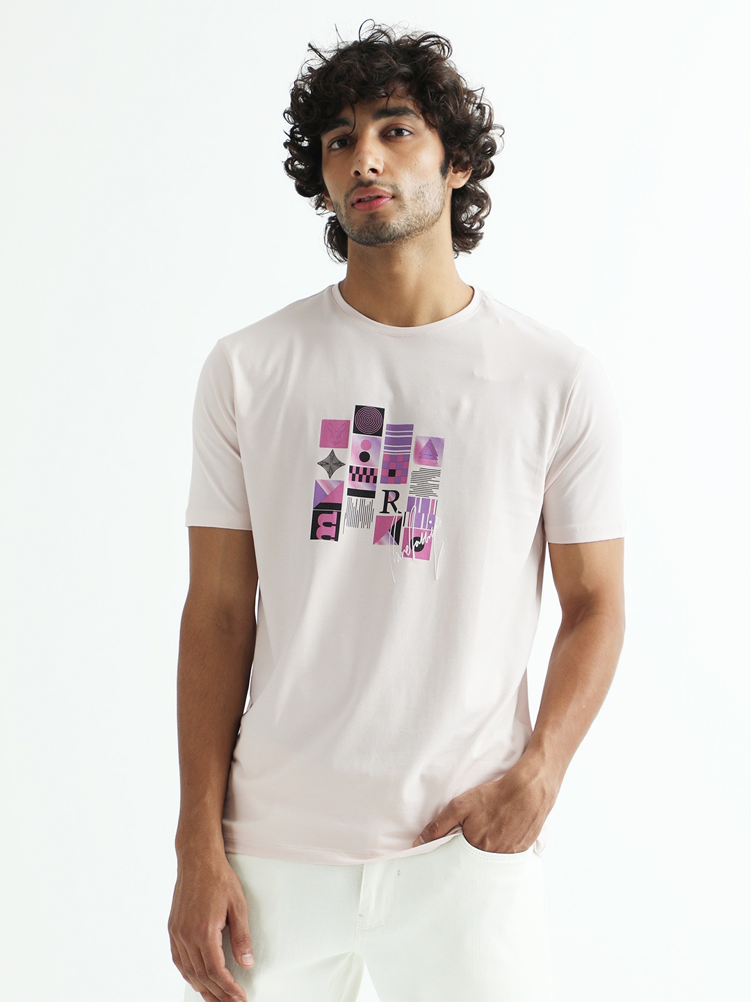 

RARE RABBIT Men Orchid Graphic Printed Round Neck Slim Fit Cotton T-Shirt, White