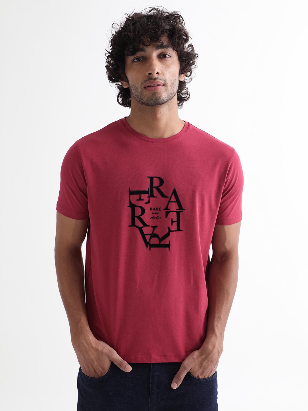 

RARE RABBIT Men Burma Typography Printed Round Neck Slim Fit Cotton T-Shirt, Red