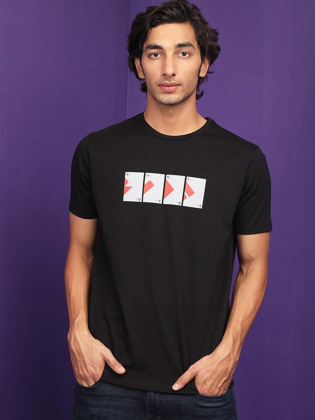 

RARE RABBIT Men Cards Graphic Printed Round Neck Slim Fit Cotton T-Shirt, Black